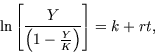\begin{displaymath}
\ln\left[\frac{Y}{\left(1 - \frac{Y}{K} \right)} \right]= k+rt,
\end{displaymath}